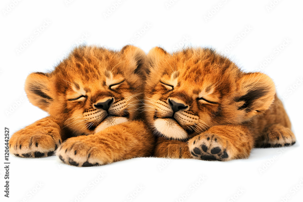 Adorable Lion Cub Twins Sleeping Peacefully on White Background Adorable Lion Cub Twins Sleeping Peacefully on White Background