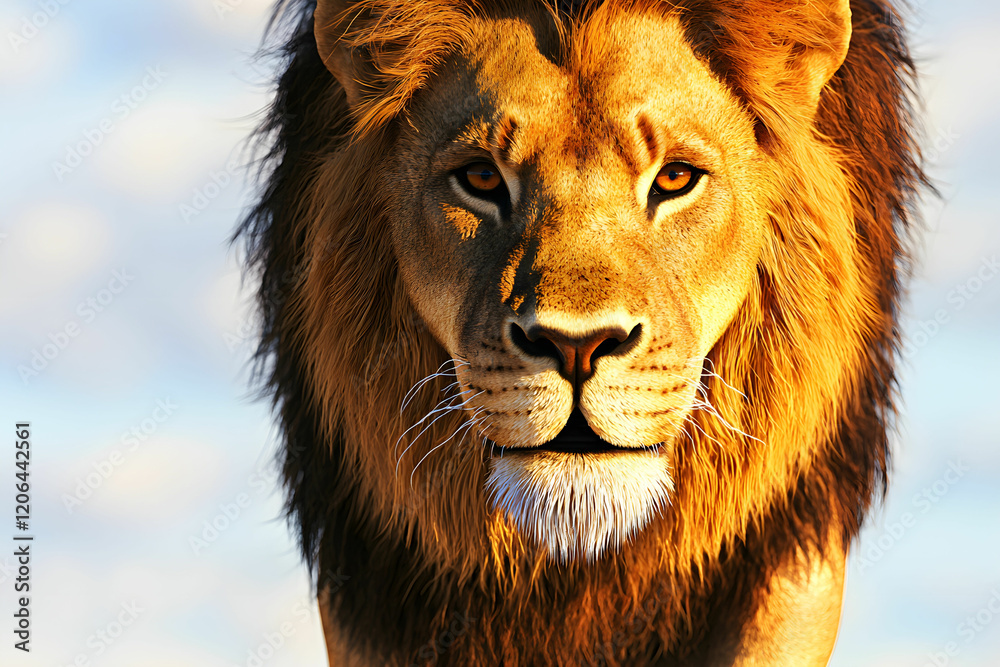 Naklejka premium Majestic Lion Staring Intently in Golden Sunset Light