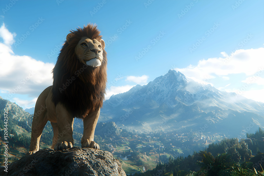 Obraz premium Majestic Lion on Rocky Outcrop Overlooking Scenic Mountain Vista