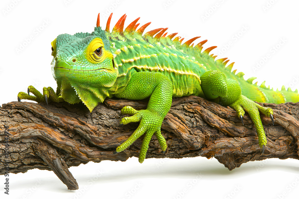 Fototapeta premium Bright Green Lizard Relaxing on Natural Branch with Textured Bark