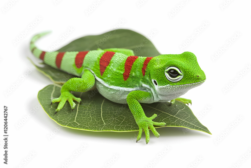 Fototapeta premium Vibrant Green Lizard with Red Stripes Resting on a Leaf