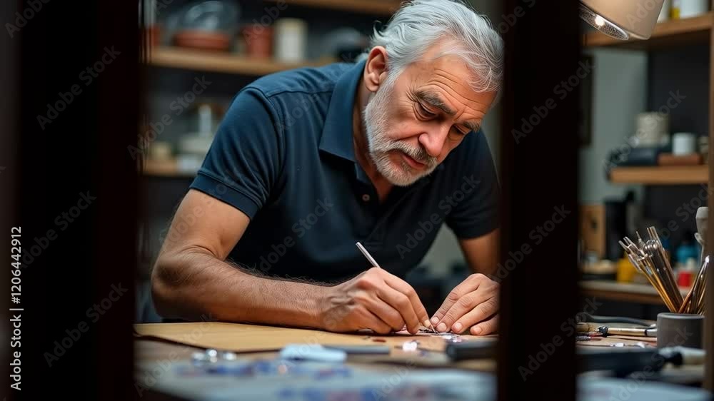 Artisan Craftsman Engaged in Intricate Model Building in Workshop, Showcasing Skills in Design and Precision Craft with Tools and Materials Artisan Craftsman Engaged in Intricate Model Building in Workshop, Showcasing Skills in Design and Precision Craft with Tools and Materials