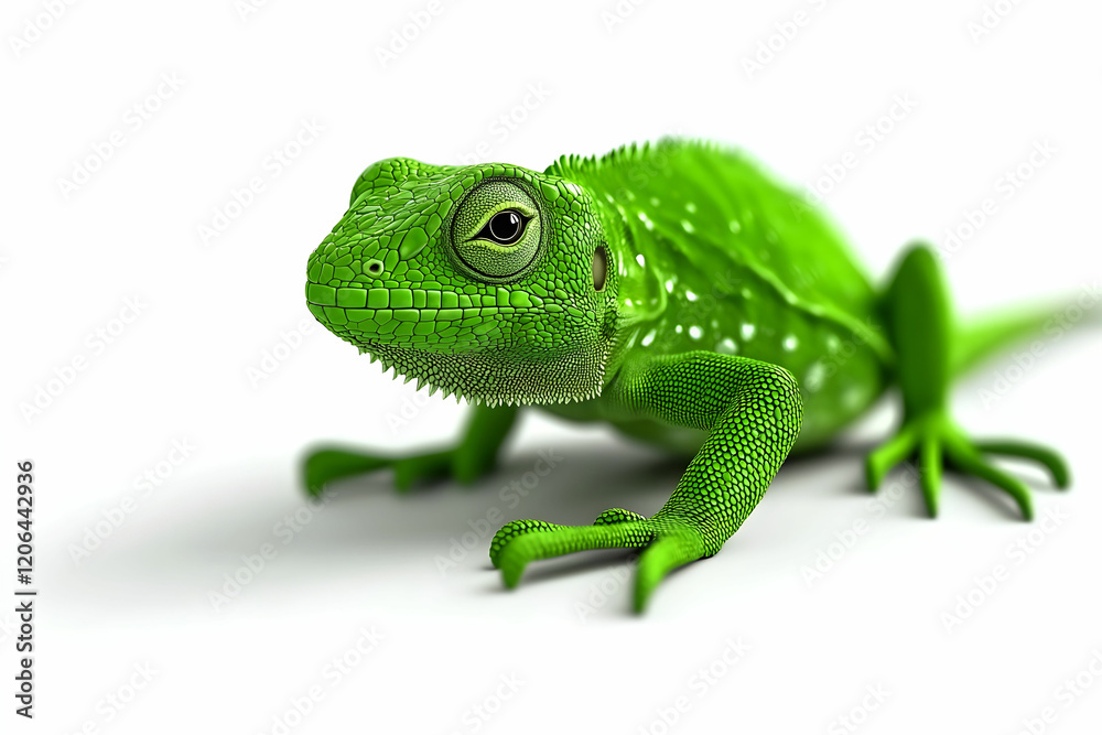 Fototapeta premium Green Lizard with Detailed Texture on White Background