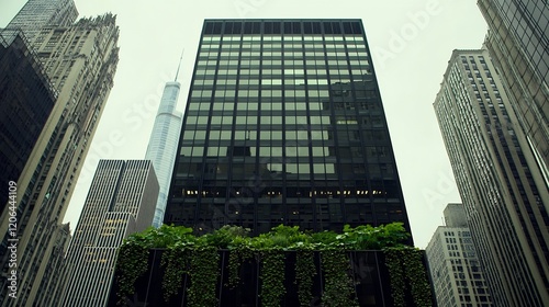 Modern glassandsteel skyscraper with mirrored windows angular lines and a rooftop terrace covered in green plants The sleek design reflects the bustling city skyline surrounding it photo