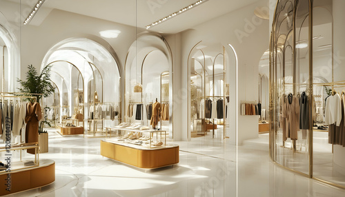 Clothing boutique inside a bright shopping mall, featuring a spacious and sophisticated interior with a clear glass facade, retail store displaying a luxury collection of contemporary urban outfits