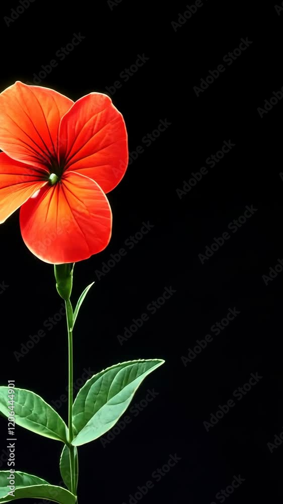 Bright red flower with vibrant petals and green leaves against a dark background in a captivating display of nature Bright red flower with vibrant petals and green leaves against a dark background in a captivating display of nature