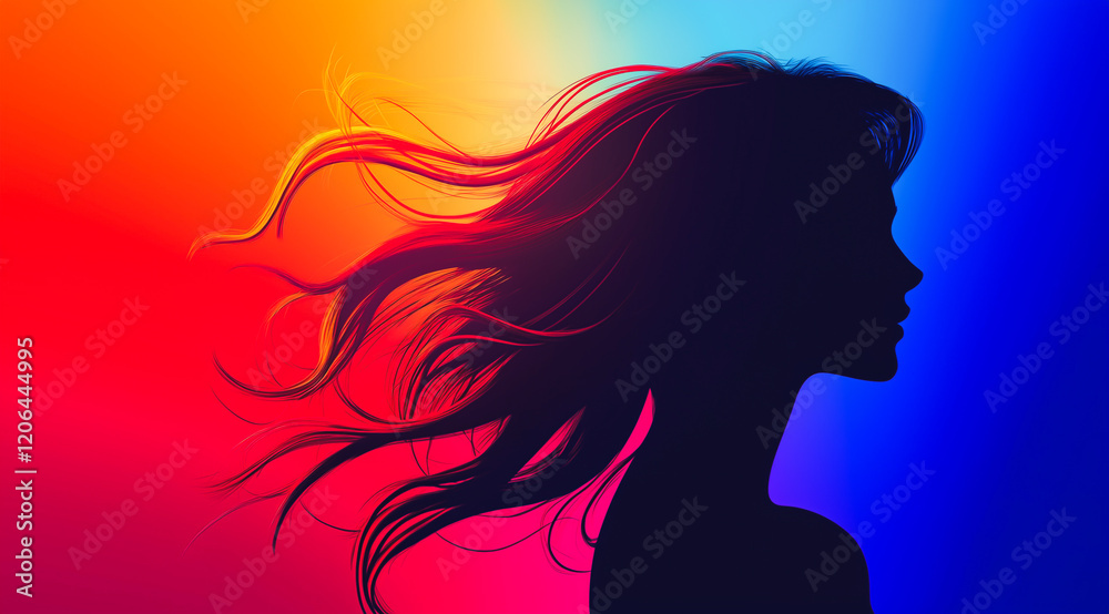 Silhouette of a woman with flowing hair, illuminated by vibrant red and blue lighting, symbolizing mystery and emotion.  
