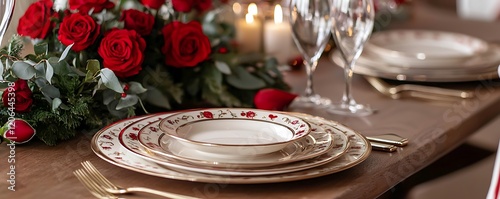 Place setting for Valentine's Day, featuring elegant dinnerware and romantic touches like red roses and candles