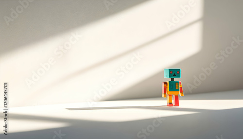 Colorful wind-up toy robot walking across a white surface, casting a soft shadow behind it