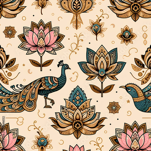 Seamless pattern with peacocks and  flowers
