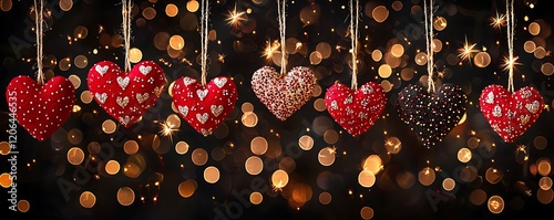 Red hanging hearts on string with bokeh lights in the background for a festive Valentinea??s greeting card photo