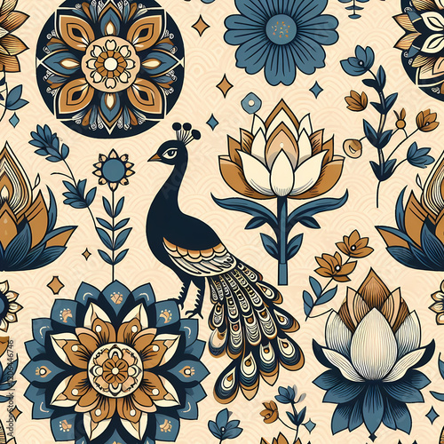 Seamless pattern with peacocks and  flowers