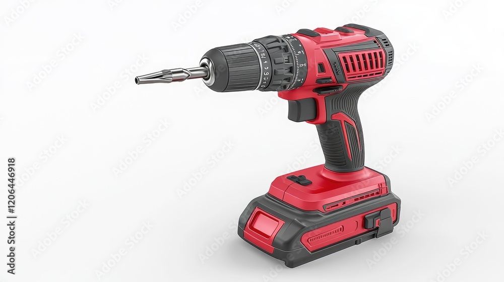 A cordless drill positioned upright with its bit pointing upward, on a clean white and grey gradient background. A cordless drill positioned upright with its bit pointing upward, on a clean white and grey gradient background.