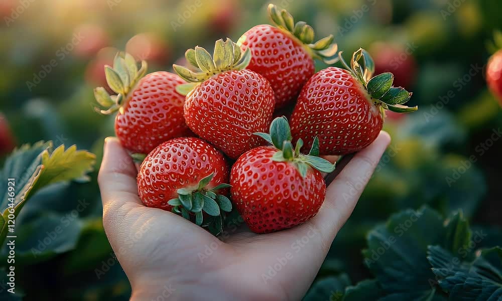 A hand holding ripe, red strawberries in a lush green field, symbolizing freshness and nature's bounty.