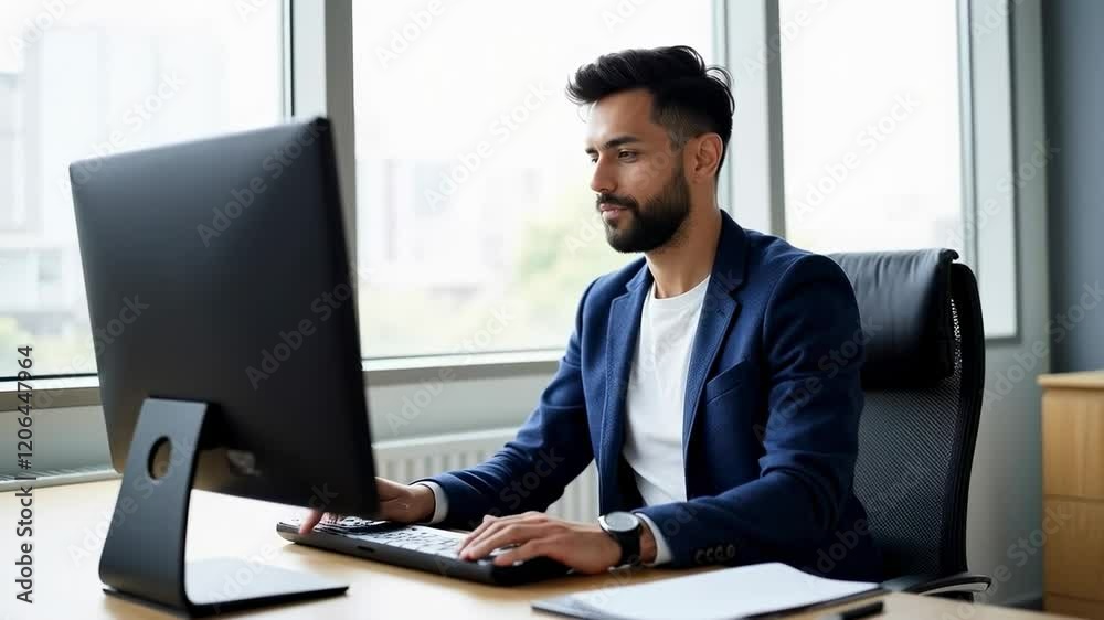 Professional Male Office Worker Smiling While Using Computer at Desk in Modern Workspace with Large Windows and a Bright Atmosphere Professional Male Office Worker Smiling While Using Computer at Desk in Modern Workspace with Large Windows and a Bright Atmosphere