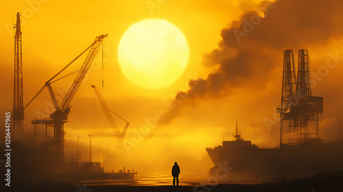 A lone figure silhouetted against a golden sunrise, standing in front of a shipyard with cranes. Cloud Harbor. Illustration photo