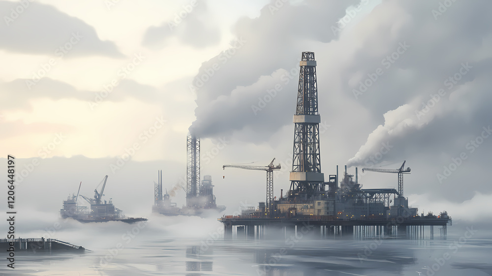 A panoramic view of an industrial harbor with a drilling rig and support vessels in a foggy cityscape. Cloud Harbor. Illustration A panoramic view of an industrial harbor with a drilling rig and support vessels in a foggy cityscape. Cloud Harbor. Illustration