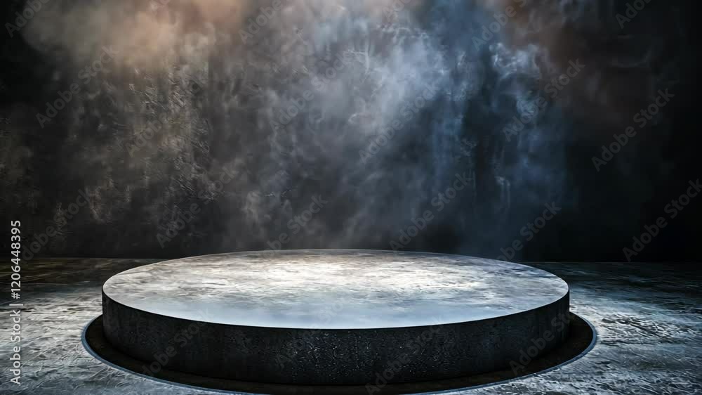 Circular platform in a mysterious, smoky environment with dramatic lighting effects Circular platform in a mysterious, smoky environment with dramatic lighting effects
