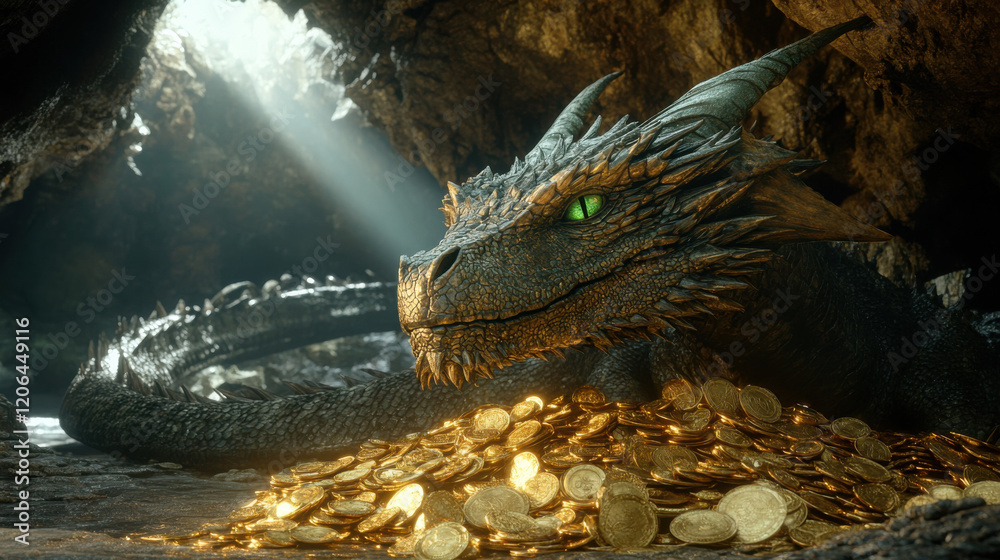 A regal dragon with obsidian scales and emerald green eyes, coiled atop a treasure hoard in a dimly lit cavern, faint beams of sunlight pierce through cracks above A regal dragon with obsidian scales and emerald green eyes, coiled atop a treasure hoard in a dimly lit cavern, faint beams of sunlight pierce through cracks above