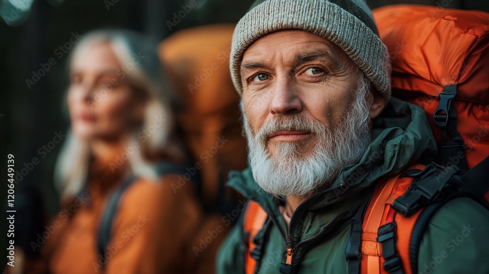 Obraz premium Senior hikers enjoying a scenic outdoor adventure, showcasing resilience, exploration, and connection with nature.