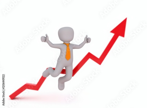 3d man red arrow success chart on white background.