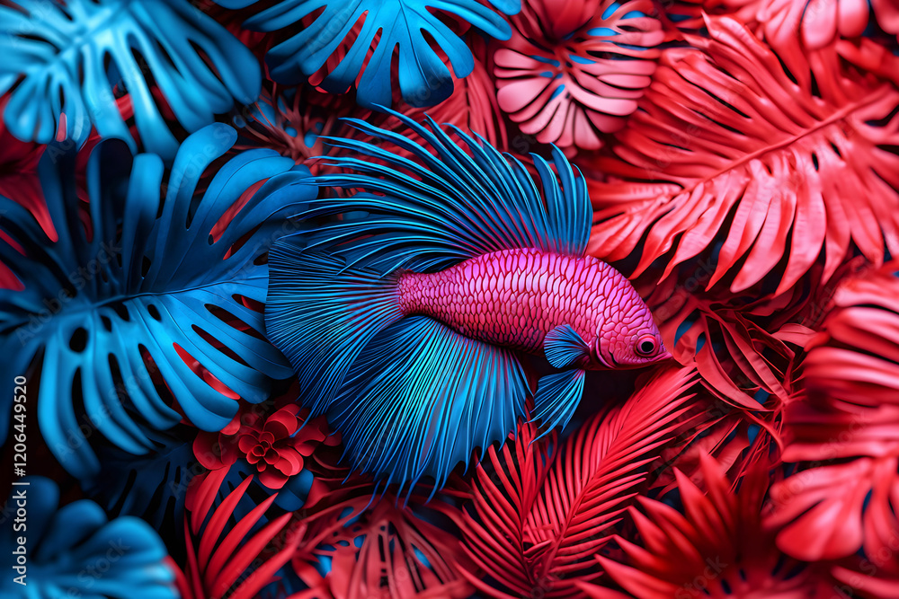 Fototapeta premium Vibrant Betta Fish Surrounded by Colorful Tropical Leaves and Plants