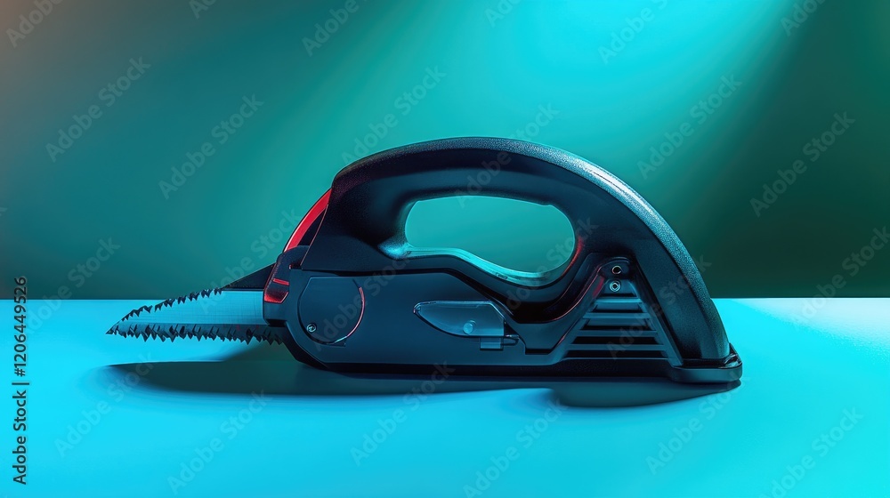 A heavy-duty saw for cutting PVC pipes shown from a side profile on a gradient blue and green background. A heavy-duty saw for cutting PVC pipes shown from a side profile on a gradient blue and green background.