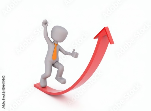 3d man red arrow success chart on white background.
