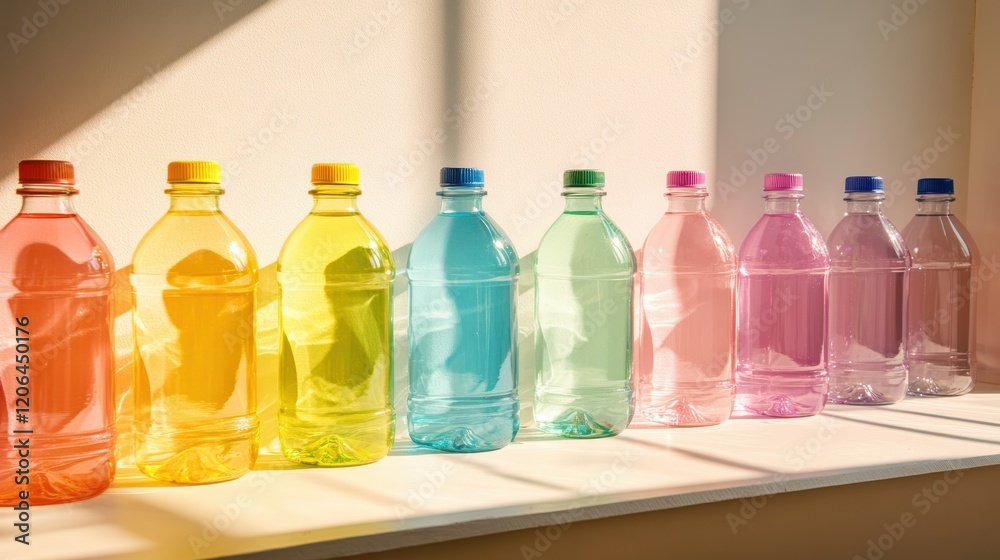 Colorful water bottles arranged in a line on a sunlit windowsill with shadows creating patterns Colorful water bottles arranged in a line on a sunlit windowsill with shadows creating patterns