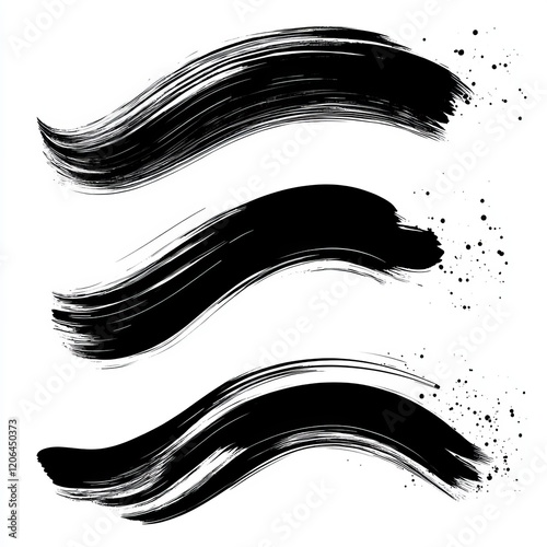 Three wavy black brush strokes isolated on white background.