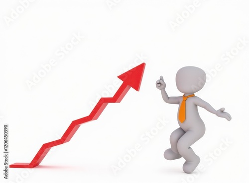 3d man red arrow success chart on white background.