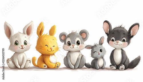 Five adorable cartoon baby animals sitting together