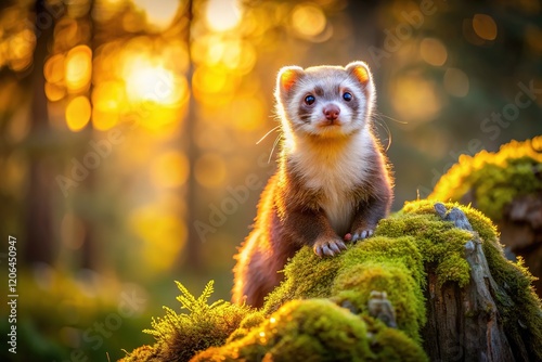 Ferret on Mossy Trunk Sunset photo