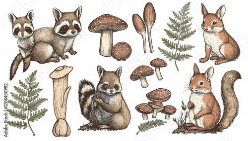 Forest animals hand drawn set. Realistic wildlife animals and natural elements collection. Raccoon, bunny, rabbit, brown owl, red fox, squirrel forest fern and mushrooms elements. White background