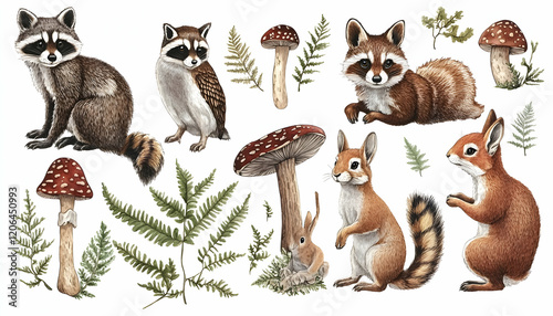 Forest animals hand drawn set. Realistic wildlife animals and natural elements collection. Raccoon, bunny, rabbit, brown owl, red fox, squirrel forest fern and mushrooms elements. White background