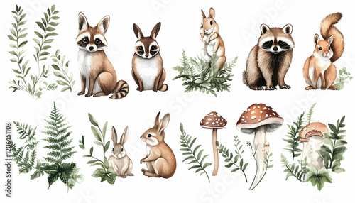 Forest animals hand drawn set. Realistic wildlife animals and natural elements collection. Raccoon, bunny, rabbit, brown owl, red fox, squirrel forest fern and mushrooms elements. White background