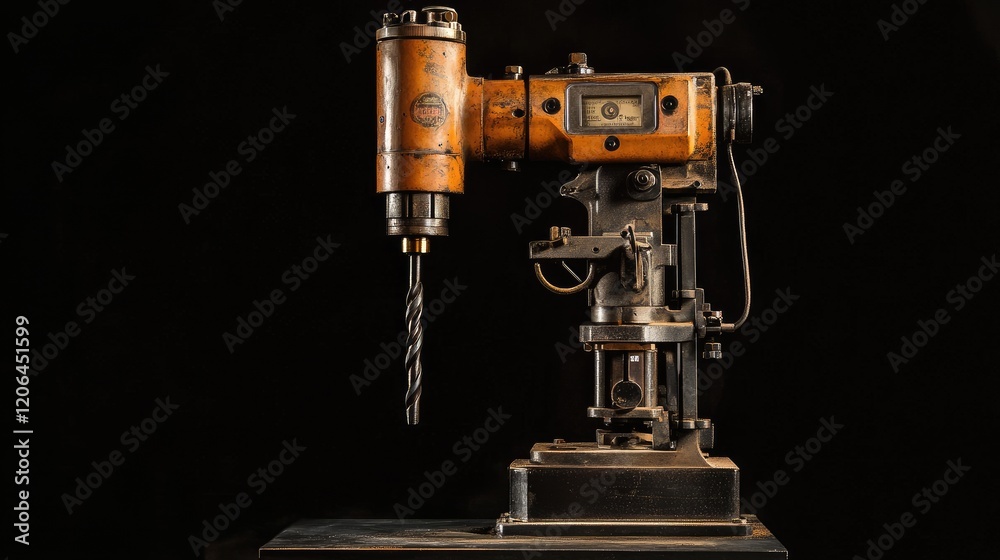 A powerful industrial drilling machine set against a bold black background with reflective lighting. A powerful industrial drilling machine set against a bold black background with reflective lighting.