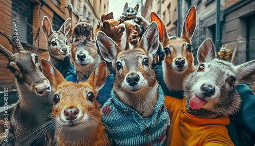 Funny animals in a group together looking at the camera, wearing clothes, having fun together, taking a selfie, an unusual moment full of fun and fashion consciousness