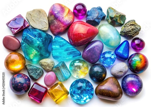 Gemstones on White Background -  Labradorite, Ruby, Amethyst, Topaz, Citrine, Rose Quartz, Garnet, Moonstone, Prehnite photo