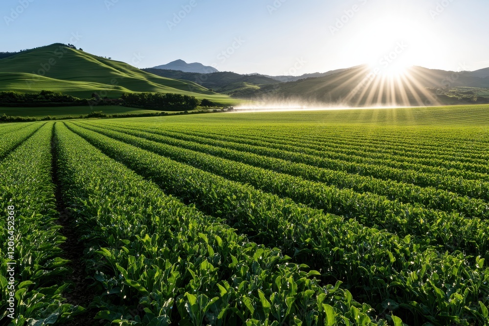 A serene scene of neatly arranged crop rows bathed in morning light, highlighting the beauty of agricultural efforts and the rich green landscape under a clear sky. A serene scene of neatly arranged crop rows bathed in morning light, highlighting the beauty of agricultural efforts and the rich green landscape under a clear sky.