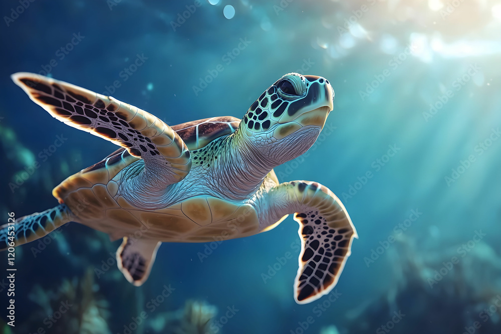 Obraz premium Graceful Sea Turtle Swimming Through Clear Ocean Water