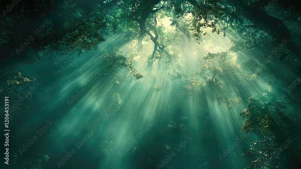 Obraz premium Overhead shot of a forest canopy with sunlight streaming through green leaves.