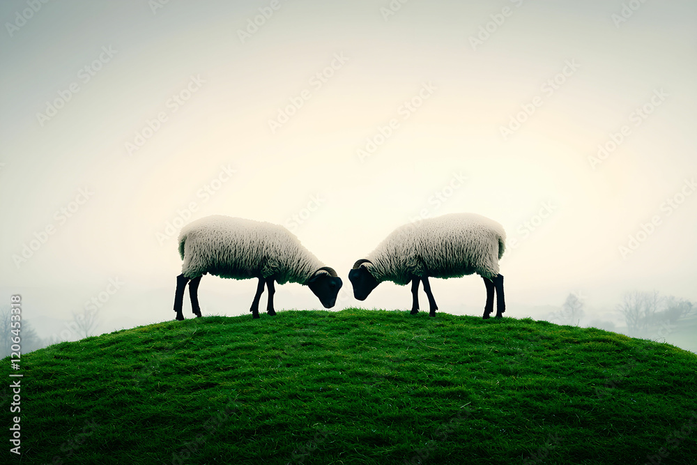 Fototapeta premium Two Sheep Arching Heads on Green Hill Under Foggy Sky