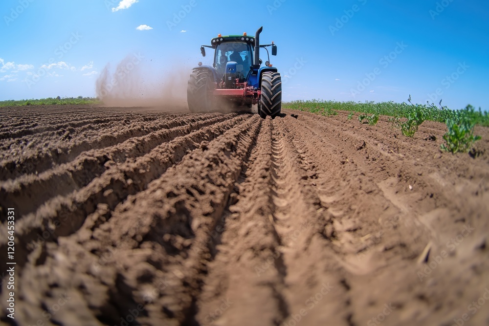 Obraz premium A blue tractor is tilling rich soil on a sunny day, creating neat rows and dust clouds, showcasing the essence of modern agriculture and farming practices.