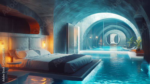 Retro futuristic underground bunker hotel: cold war chic escape. Hidden Sanctuary. Illustration