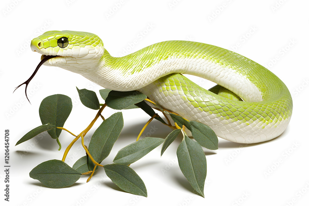 Fototapeta premium Green Snake on Leafy Branch in Bright Studio Setting