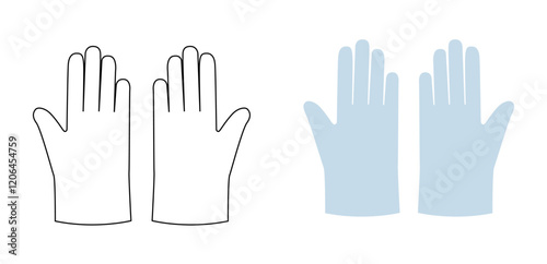 Poly, CPE, TPE Gloves protective hand accessory blue cartoon and flat mockup sketch clothing technical illustration garment. Vector front palm back view for Men, women, unisex style template outline