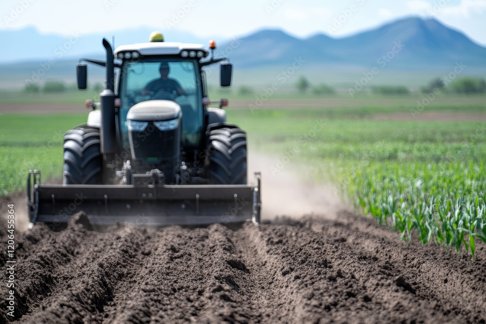Obraz premium This dynamic image captures a tractor plowing neat rows of dark soil in an agricultural setting, symbolizing hard work, dedication, and modern farming techniques.