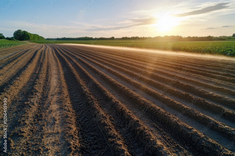The golden hour casts a warm glow over meticulously prepared farm fields, showcasing nature's beauty and the hard work of farming as dust dances in the sunlight.