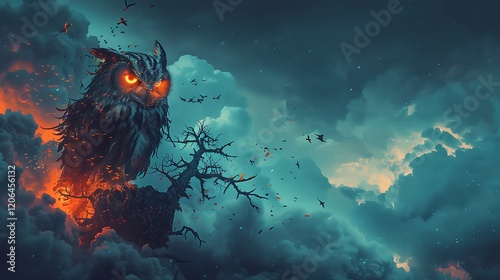 Fiery owl perched on a dead tree amidst stormy clouds; Halloween fantasy art photo